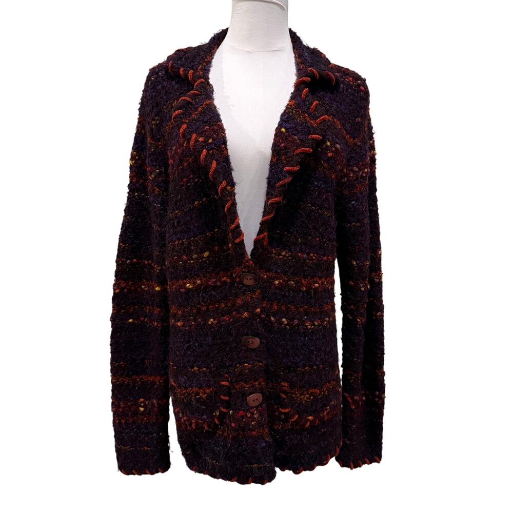 Coldwater Creek Boucle Cardigan Sweater Purple Multicolor Boho Large Artsy Indie